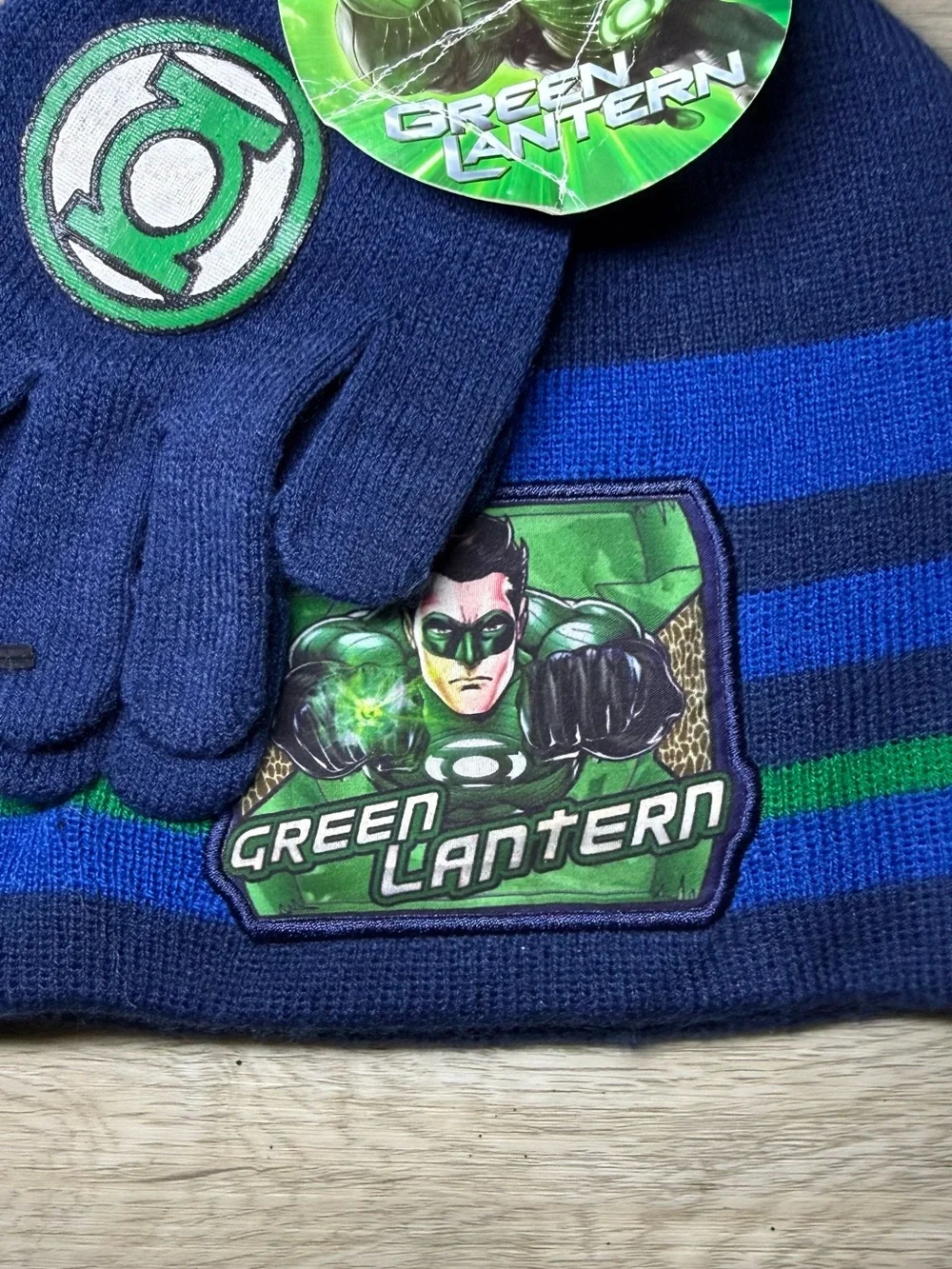 New Y2K 2000s Kids Green Lantern Striped Beanie & GL Logo On Gloves 3 Piece Set
